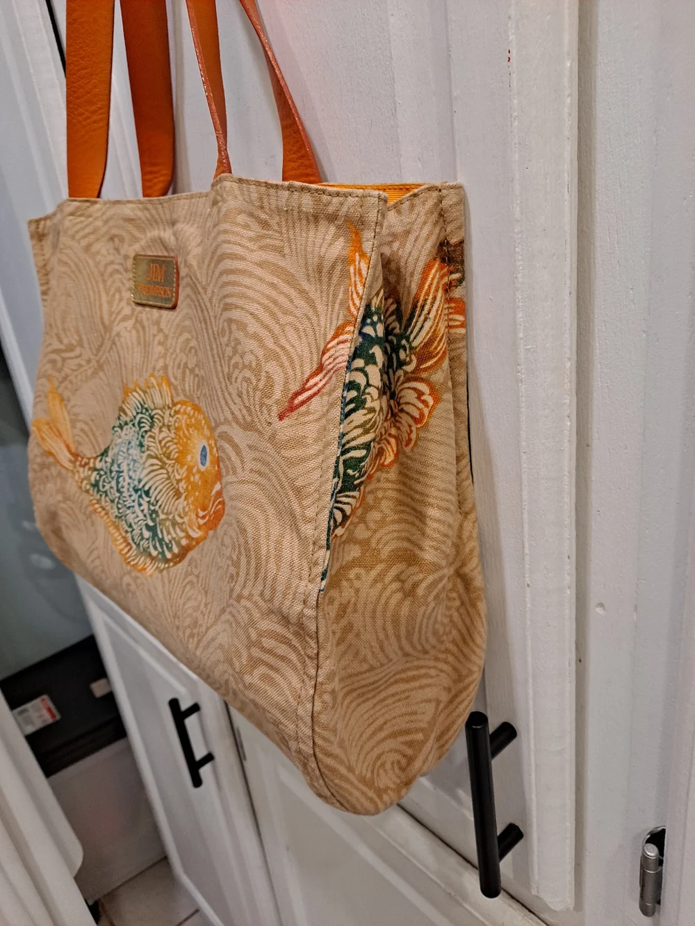 Jim Thompson Vintage 'Meena' Beige Orange Canvas Tote Iconic Barramundi Fish